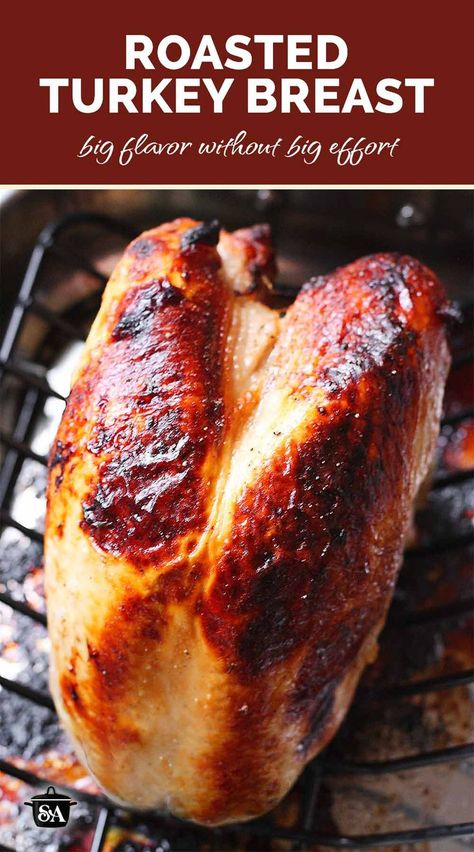 Top view of a roasted turkey breast in a roasting pan. Easy Turkey Breast Brine, Brine Turkey Breast, Turkey Breast Brine, Crockpot Cider, Apple Cider Brine, Turkey For Two, Thanksgiving Turkey Breast, Roasting Turkey, Brined Turkey Breast