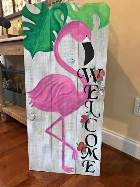 Flamingo Welcome Sign Flamingo Door Hanger, Flamingo Welcome Sign, Flamingo Crafts, Porch Leaners, Painted Windows, Flamingo Craft, Plank Art, Wood Porch, Art Coquillage