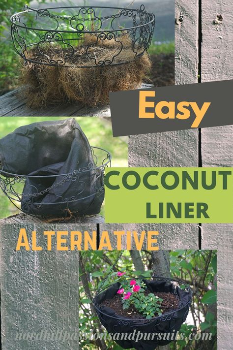 Don't waste more money on coconut liners. Click for an easy and cost-effective alternative. #planter #garden #container garden #flowers #coconut liner #weed fabric #garden hack Coconut Planters Diy, Planter Gardening, Garden Hack, Shallow Planters, Planter Liners, Diy Coconut, Shell Planter, Garden Container, Planter Garden