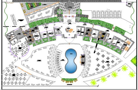 Resort Project detail dwg file - Cadbull Resort Design Plan Layout, Beach Resort Architecture, Mountain Resort Design, Resort Hotel Design, Hotel Keys, Resort Design Plan, Restaurant Plan, Resort Plan, Trees Garden