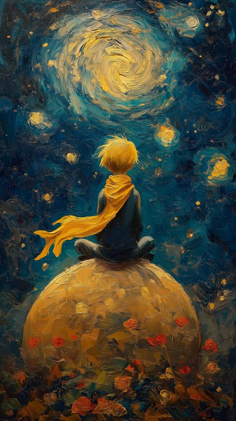 The post Stargazing Dreams ✨🌌 appeared first on Gallery Ricafeliz.com. Embrace the whimsical charm of this beautiful image, inspired by “The Little Prince,” where a young boy sits on a small planet, gazing up at the swirling night sky. Perfect for dreamers and lovers of magical stories! 🌌🧡 #TheLittlePrince #Dreamer #Whimsical #Stars #Magic #Inspiration The post Stargazing Dreams ✨🌌 appeared first on Gallery Ricafeliz.com. Star Gazing Painting, Le Petit Prince Wallpaper Iphone, Little Prince Illustration, Night Sky Illustration Stars, Little Prince Painting, Whimsical Stars, Dreamers And Lovers, Wishing On A Star, Magic Inspiration