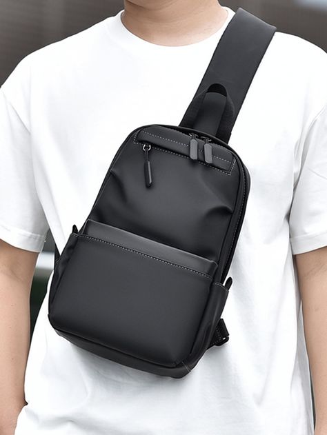 Black  Collar  Polyester Plain Sling Bag Embellished   Men Bags Skater Men, Sling Bag Men, Mini Sling Bag, Ethereal Elegance, Sling Bag For Men, Collection Ideas, Anti Theft Backpack, Leather Sling Bag, Sling Bags