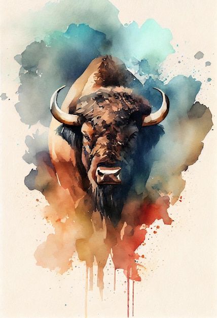 Watercolor painting of a bison with a bl... | Premium Photo #Freepik #photo #bison #buffalo #ox #bull Bull Head Drawing, Bison Painting, Buffalo Watercolor Painting, Water Buffalo Drawing, Bison Painting Easy, Bison Watercolor, Buffalo Oil Painting, Bison Watercolor Painting, Colorful Buffalo Painting