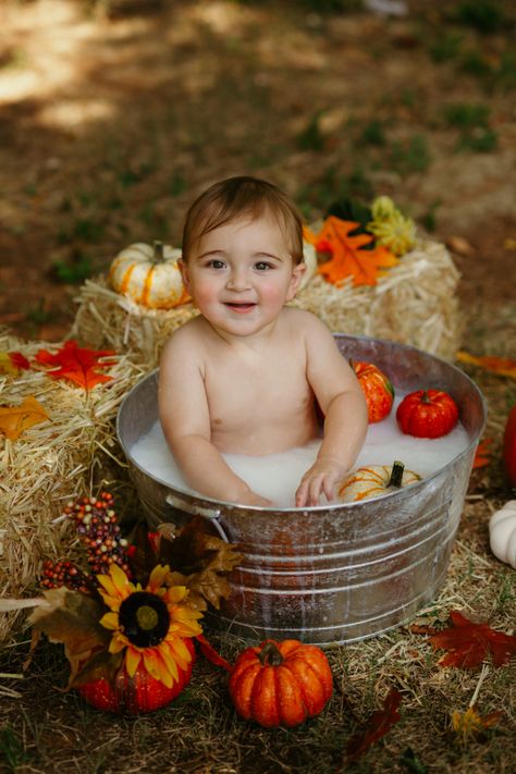 Milk Bath Photography 6 Months, Halloween 10 Month Pictures, Fall Baby Milk Bath Photography, Halloween Milk Bath Photography, Halloween Milk Bath Baby, Pumpkin Milk Bath Pictures, Fall Milk Bath Baby, Fall Milk Bath Photography, Pumpkin Milk Bath