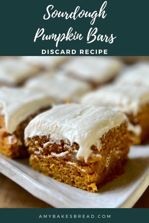 These are the best pumpkin bars with sourdough discard. Not quite cake and not quite bar – but 100% delicious. These pumpkin bars with sourdough discard have a moist pumpkin base and creamy frosting that makes them irresistible. Sourdough Discard Pumpkin, Sourdough Pumpkin, Recipe Using Sourdough Starter, Creamy Frosting, Sourdough Starter Discard Recipe, Homemade Sourdough Bread, Pumpkin Spice Muffins, Sourdough Starter Recipe, Homemade Pumpkin Puree