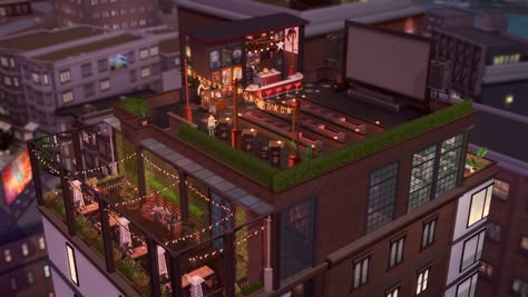 bottsbotts: “  Oakglow Cinema & Dining (request build for @oakglow​) CC-Free Built on Fountainview Penthouse Origin ID: bottsbotts | Tray  “+ Upscale restaurant with a city view + Bar with comfy... Sims 4 Penthouse, Bar Couch, Sims 4 Restaurant, Penthouse Ideas, Rooftop Cinema, Lotes The Sims 4, Upscale Restaurant, Sims 4 Stories, Sims Stories