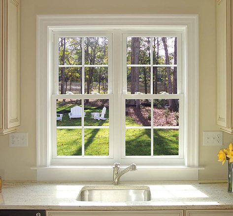 Double Hung | Majestic Vinyl Windows and Patio Doors Window Company, Vinyl Windows, Wood Window, Double Hung Windows, Residential Roofing, Roofing Companies, Window Replacement, Window Types, Yellow Kitchen