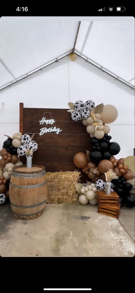 Vaquera Birthday Party Ideas, Cowgirl Cowboy Birthday Party, Cow Boy Theme Party Ideas, Brown And White Birthday Theme, Duke And Boots Party, Western 60th Birthday Party Ideas, Cow Boy Birthday Theme, Western Theme Backdrop, Sweet 16 Western Party Ideas