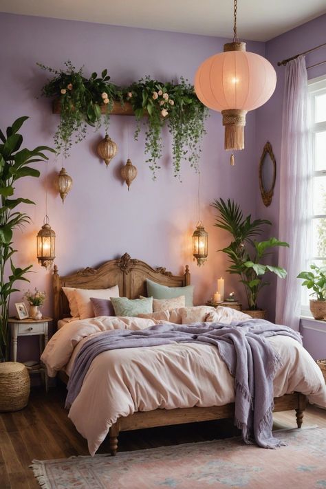 Bed Boho Style, Boho Bedroom Rainbow, Girly Earthy Bedroom, Small Main Bedroom Decor Ideas, Headboard Painting Ideas, Feminine Boho Bedroom, Dopamine Bedroom, Dopamine Decor Bedroom, Boho Teenage Girl Bedrooms