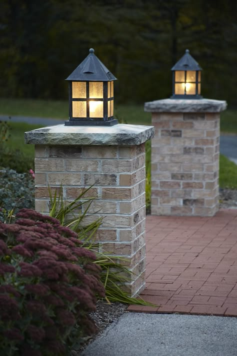 The stout Cottage Lantern features decorative roof vents and a simple ball finial and is the perfect complement for Shingle Style, Cape Cod, American Foursquare and Bungalow style homes. Brick Columns Driveway, Solar Lights Ideas, Solar Lights Ideas Outdoor, Driveway Posts, Outdoor Pillar Lights, Brick Pillars, Driveway Entrance Landscaping, Lighting Exterior, Lantern Lighting