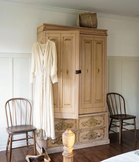 Antique pine armoire stripped and sanded in this farmhouse bedroom kellyelko.com Office Armoire, Boho Farmhouse Style, Pine Armoire, Colorful Moroccan Rugs, Board And Batten Wall, Rustic Wood Furniture, Coastal Boho, Boho Farmhouse, 100 Years Ago