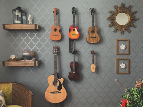 Ukulele On Wall, Ukulele Display, Guitar Wall Display, Instruments Hanging On Wall, Ukulele Hanging On Wall, Guitar And Ukulele On Wall, Guitar Wall Mount Aesthetic, Ukulele Wall Mount, Office Decor Organization