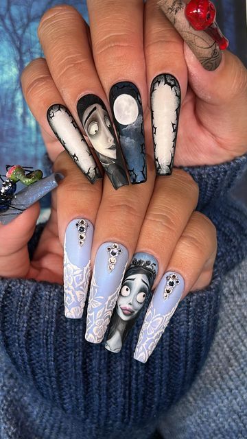 Horror Nail Art Designs, Emily Corpse Bride Nails, Halloween Blue Nails, Halloween Nails Corpse Bride, Corps Bride Nails, Corpse Bride Nail Designs, The Corpse Bride Nails, Corpse Bride Nails Acrylic, Hades Nails