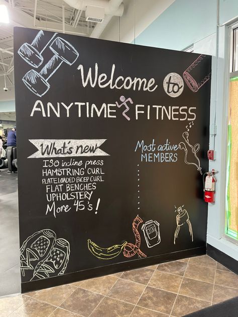 Gym Whiteboard Ideas, Gym Chalkboard Ideas, Anytime Fitness Chalkboard, March Chalkboard Ideas, Gym Chalkboard, White Board Decoration Ideas, Business Chalkboard, Summer Chalkboard Art, Wall Chalkboard