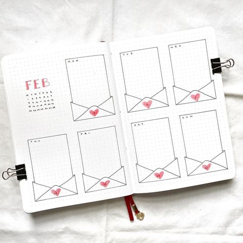 the brainy bujo on Instagram: “F E B R U A R Y • weekly 3 💌 a little love letter for each day of the week 💖 • • • • • #bulletjournal #bujo #bulletjournaljunkies…” Wedding Bullet Journal, Bujo Weekly Spread, Journal 2024, Bullet Journel, Bullet Journal Ideas Templates, Journal Diy, Bullet Journal Weekly Spread, Bullet Journal Mood, Weekly Calendar