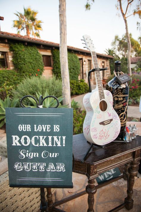 Wedding Guest Book Alternative Creative, Punk Rock Wedding, Guitar Wedding, Rocker Wedding, Rustic Reception, Wedding Reception Music, Wedding Guest Signing, Rock N Roll Wedding, Music Themed Wedding