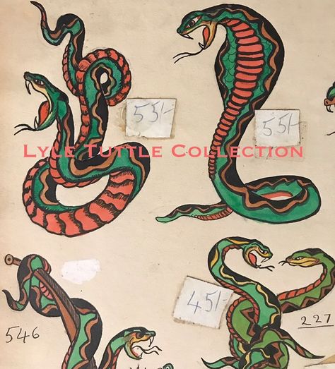 Lyle Tuttle on Instagram: “Snakes flash sheet by British legend Les Skuse. This one has endless WOW factor. #lyletuttle #lyletuttlecollection #lesskuse…” Lyle Tuttle, Trad Flash, Traditional Snake, Antique Tattoo, Sailor Jerry Flash, Traditional Tattoo Flash Sheets, Traditional Snake Tattoo, Sailor Jerry Tattoo Flash, Traditional Tattoo Flash Art