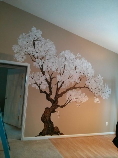 Tree Wall Painting Ideas, Mural Business, Blooming Tree Painting, Wall Painting Ideas Creative, Tree Wall Painting, Wall Stencil Designs, Face Art Drawing, Interior Murals, Creative Wall Painting