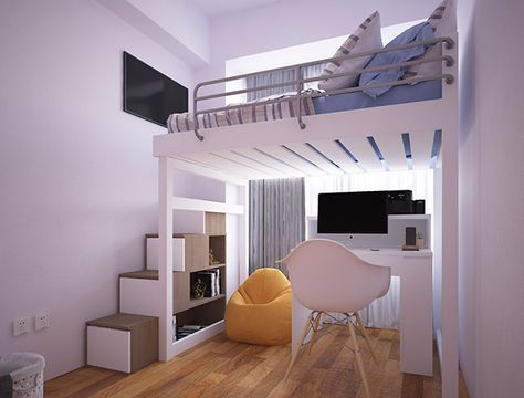 Loft Type Bedroom Design on Behance Loft Type Bedroom, Lofted Dorm Beds, Loft Beds For Small Rooms, Apartemen Studio, A Loft Bed, Loft Type, Beds For Small Rooms, Loft Style Bedroom, Loft Bed Plans