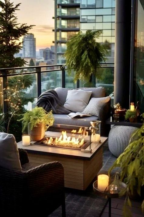 Hot Tub Balcony Apartment, Balcony With Fire Pit, Condo Balcony, Terrace Decor, Small Balcony Design, Apartment Patio, Apartment Patio Decor, Balcony Furniture, Terrace Design