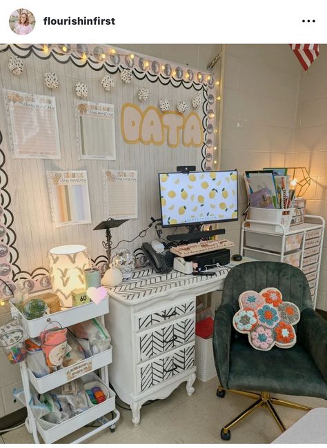 Front Of Classroom Ideas, Highschool Art Classroom, Cute Teacher Desk, Classroom Whiteboard Organization, Preschool Classroom Centers, Teacher Vision Board, Teacher Barbie, Whiteboard Organization, Classroom Whiteboard