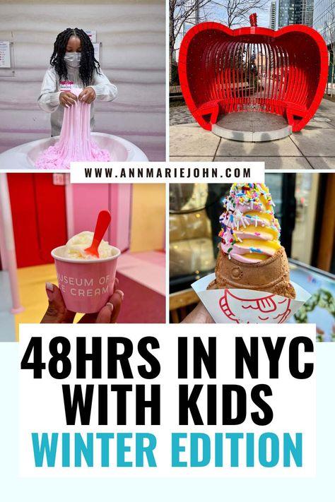 How can you spend 48 hours in New York City with kids in the winter and still have fun? It's a lot easier than you think. Find out how. #nycwithkids #nycwinteractivities #travelwithkids #winterinnywithkids via @theannmariejohn New York At Christmas With Kids, Christmas In New York With Kids, January In New York, Nyc Christmas With Kids, Nyc With Kids Christmas, Nyc Christmas Bucket List, New York In January, New York With Kids, New Years With Kids