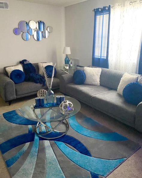 Blue And Grey House Decor, Color Schemes For Apartment, Purple And Grey Decor, Blue Grey Home Decor, Home Decor Ideas Blue And Grey, Blue Black And Grey Living Room, Royal Blue And Silver Living Room Ideas, Living Color Scheme Ideas, Blue And Black Living Room Ideas