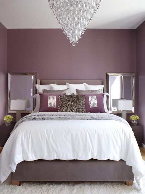 Glam Bedroom Design, Plum Bedroom, Plum Walls, Feature Wall Bedroom, Purple Bedrooms, Sophisticated Bedroom, Purple Bedroom, Glam Bedroom, Bedroom Cupboard Designs