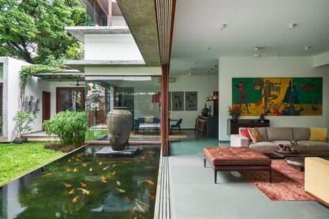 Raintree House, Khosla Associates, Stairwell Wall, Modern Luxury Living Room, Rain Tree, North Garden, The Door Is Open, Koi Pond, Kochi