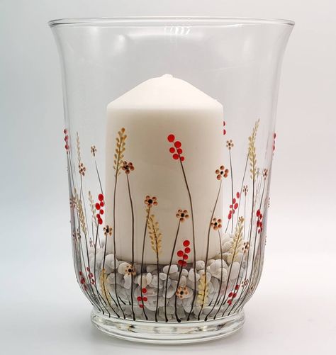 Glass Vase Candle, Autumn Meadow, Painting Glass Jars, Painted Glass Vases, Decorative Stones, Hand Painted Vase, Hand Painted Glassware, Hand Painted Candles, Glass Painting Designs