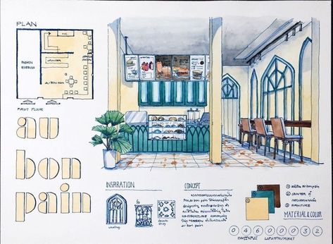 Cafe Sketch Interior, Cafe Interior Design Sketch, Interior Design Watercolor Sketch, Cafe Design Drawing, Cafe Interior Design Drawing, 2d Interior Design, Interior Design Watercolor, Cafe Sketches, Cafe Sketch