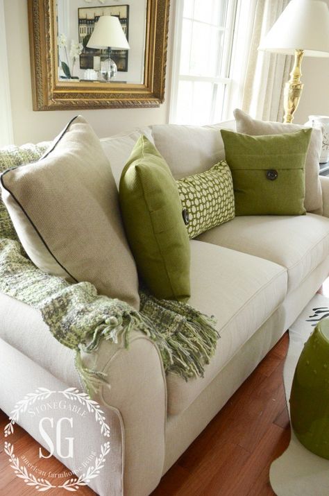 Going Green {Decorating Ideas for Everyone} - TIDBITS&TWINE Olive Sofa, Neutral Sofa, White Couch, Green Couch, Set Sofa, Pillow Arrangement, Corner Sofa Set, Coastal Boho, Green Sofa