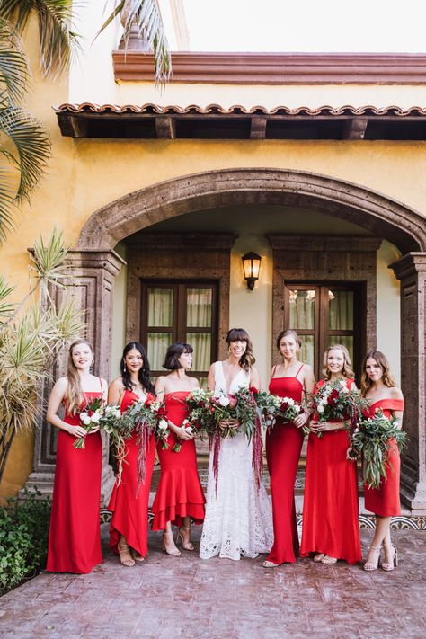 This bridesmaids made a bold statement in mismatched red dresses at this Mexican wedding | Image by Kayla Rocca Photography Spanish Wedding Bridesmaids Dress, Spanish Style Bridesmaid Dresses, Red Dress Bridesmaids, Bright Red Bridesmaid Dresses, Mexican Wedding Bridesmaids, Red Mexican Wedding, Mismatched Red Bridesmaid Dresses, Red Summer Wedding, Red Bridesmaids Dresses