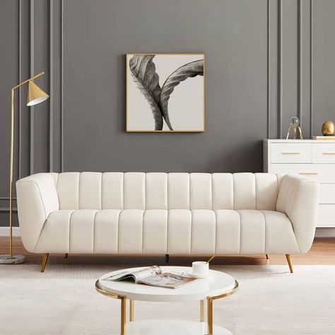 Clovis Mid-Century Modern Furniture Style Upholstered Leather Couch in Cream - On Sale - Bed Bath & Beyond - 36095209 Full Grain Leather Sofa, Channel Tufted Sofa, Mid Century Modern Leather Sofa, Blue Leather Sofa, Leather Sofa Couch, Grey Leather Sofa, Modern Leather Sofa, Modern Style Furniture, Tufted Sofa