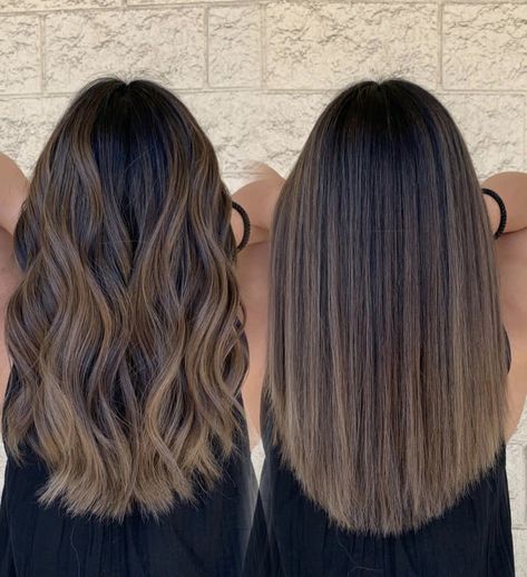 Straight Dark Balayage, Highlights Brown Hair Low Maintenance, Brown Hair Foilyage, Dimensional Brunette Balayage Short Hair, Haircuts With No Layers, Brown Hair With Highlights At The Ends, Dark Brown Ash Blonde Balayage, Smokey Mushroom Brown Hair, Light Balayage On Black Hair