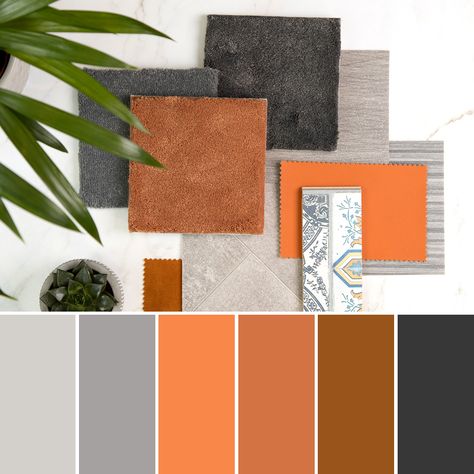 Terracotta And Grey Color Palettes, Burnt Orange Living Room Color Combinations Colour Palettes, University Color Palette, Orange Office Ideas, Orange Gray Color Palette, Grey Orange Color Palette, Burnt Orange And Grey Living Room, Grey Orange Living Room, Grey And Burnt Orange Living Room