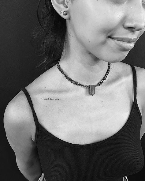 c' est la vie #jonboytattoo Tiny Collar Bone Tattoo, La Vie Tattoo, Word Tattoo Placements, Stay Strong Tattoo, Jonboy Tattoo, Strong Tattoos, Arm Tats, Small Tattoos With Meaning, 4 Tattoo