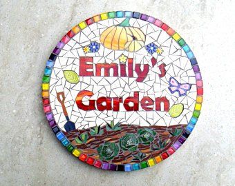 Table Tiles, Broken China Crafts, Garden Wall Plaque, Mosaic Letters, Easy Mosaic, Vegetable Patch, China Crafts, Garden Plaques, Ceramic Mosaic Tile