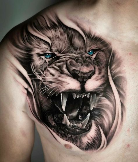 Lion Chest Tattoo Men, Chest Lion Tattoo, Lion Cover Up Tattoo, Lion Tattoo Chest, Lion Tattoo Realistic, Lion Tattoo For Men, Lion Tattoo Men, Leones Tattoo, Tattoo Chest And Shoulder