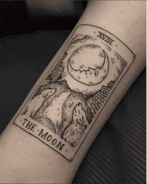 The Moon, tarot card tattoo on the arm | www.otziapp.com Tarot Tattoos, Dragons Tattoo, Tattoo Placements, Tarot Card Tattoo, Tarot Tattoo, Tattoo Trend, Meaningful Tattoos For Women, 4 Tattoo, Inspiration Tattoos