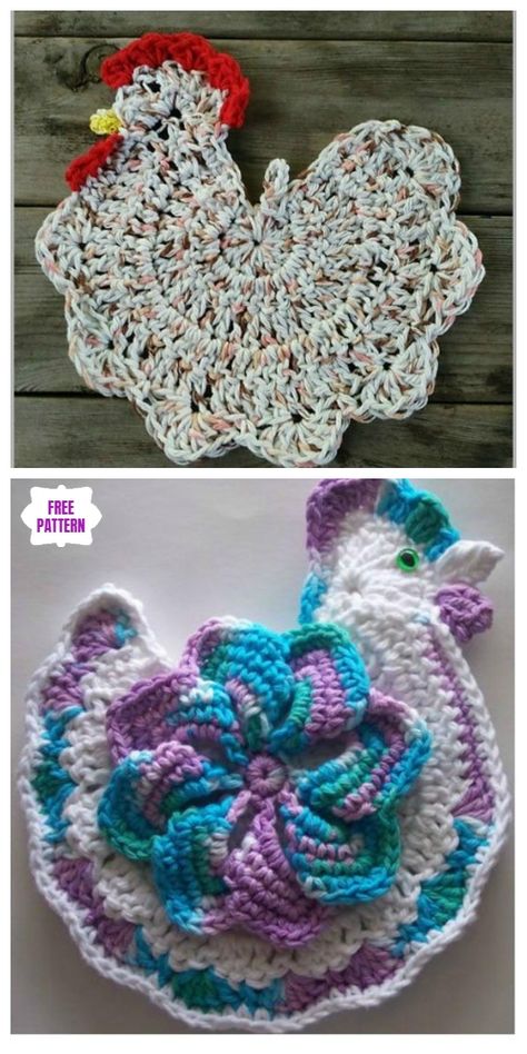 Crochet Turkey Potholder Pattern, Chicken Crochet Potholder, Chicken Potholder, Crochet Ladybug, Crochet Pot Holders Free Pattern, Kitchen Crochet, Crochet Potholder, Crochet Potholder Patterns, Crochet Pot