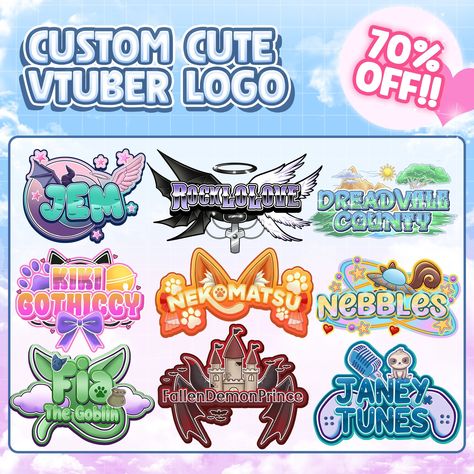 Logo Commission, Chibi Vtuber, Cute Vtuber, Overlay Ideas, Text Cute, Vtuber Logo, Kawaii Logo, Virtual Art, Virtual Design