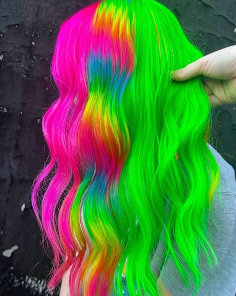 Glitch Hair Color, Vivid Color Blocking Hair, Danger Jones Hair Color, Fantasy Hair Color Ideas, Crazy Hair Dye, Neon Rainbow Hair, Vivid Hair Color Ideas, Rainbow Hair Ideas, Prism Hair