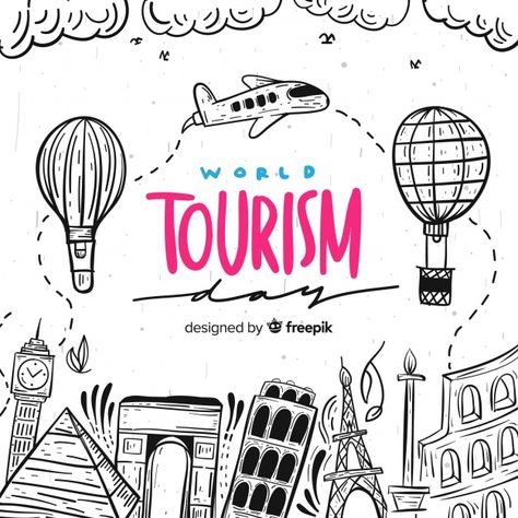 World tourism day lettering background Free Vector Tourism Project Cover Page, Tourism Drawing, Travel Doodle, Lettering Background, Cover Page For Project, Outline Pictures, Geography Project, Tourism Design, World Tourism Day