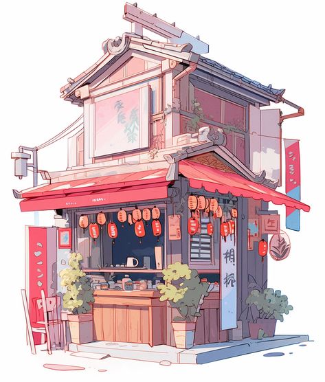 Japanese Town Concept Art, Japanese Building Illustration, Japanese Store Fronts, Village Drawing, Store Architecture, Japanese Town, Sea Drawing, Japanese Shop, House Cartoon