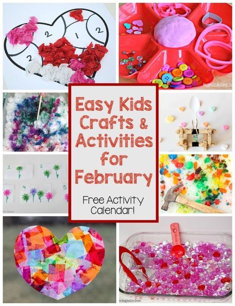 A Month of Kids Activities & Crafts for February! Free activity calendar! Sensory, Math, Crafts, & Much more! February Kids Activities, February Crafts For Kids, Activities For February, February Math, Activity Calendar, February Activity, February Crafts, Valentine Craft, Sensory Crafts