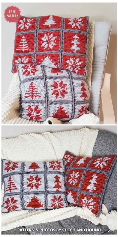 Crochet Christmas Mug Rugs Patterns Free, Christmas Pillow Crochet Patterns Free, Crochet Christmas Pillow Cover, Crochet Christmas Pillows Free Patterns, Christmas Crochet Pillow, Crochet Christmas Pillow, Bernat Softee Chunky Yarn, Diy Natal, Christmas Crochet Blanket