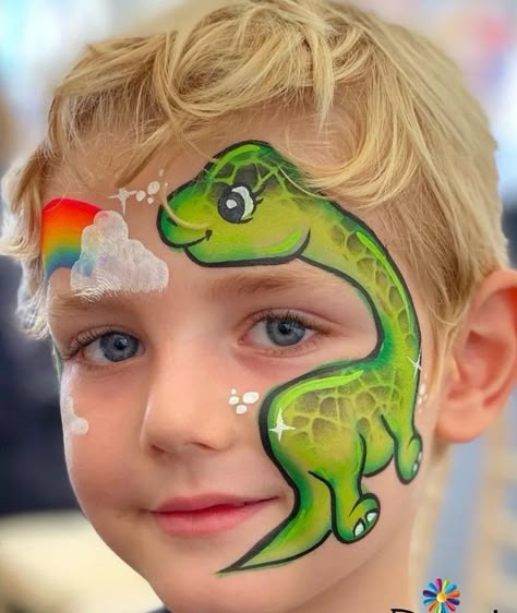 Dinosaur Makeup Kids, Dino Face Paint Easy, Dino Face Paint, Dinosaur Face Paint Easy, Dinosaur Face Paint, Easy Face Painting Dinosaur, Green Face Paint Ideas, Face Painting Halloween Kids, Dinosaur Face Painting