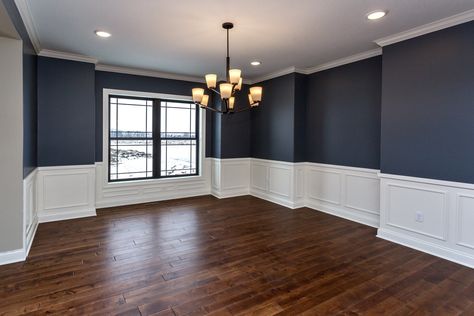 Navy Panelling Hallway, Blue Wainscoting Living Room, Hallway Panelling, Two Tone Walls, Painted Wainscoting, Interior Wall Colors, Dining Room Wainscoting, White Wainscoting, Dark Blue Walls