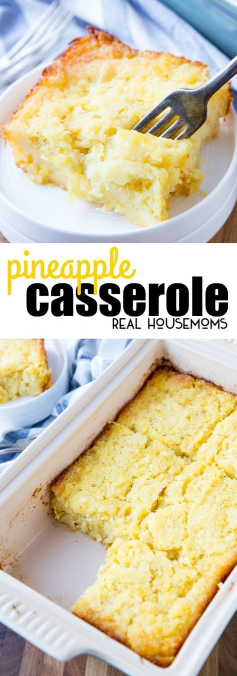 Pineapple Casserole is a delicious side dish and is especially perfect with ham! It is easy to make and is great for the holidays! via @realhousemoms Pineapple Hot Dish, Pineapple Bread Casserole, Scalloped Pineapple Recipes, Hot Pineapple Casserole, Pineapple Bake Casserole, Pineapple Sides, Pineapple Desserts Easy, Canned Pineapple Recipes, Scalloped Pineapple Casserole